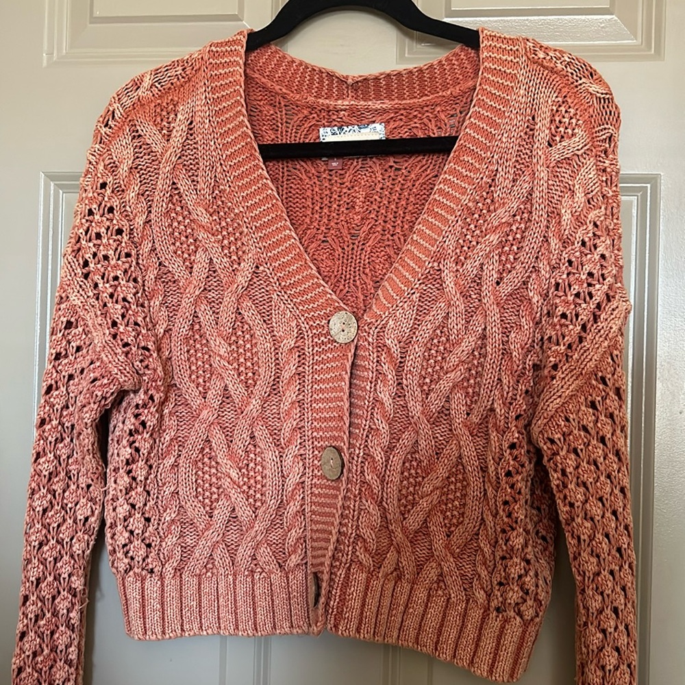 Pilcro cable knit cardigan sweater in copper